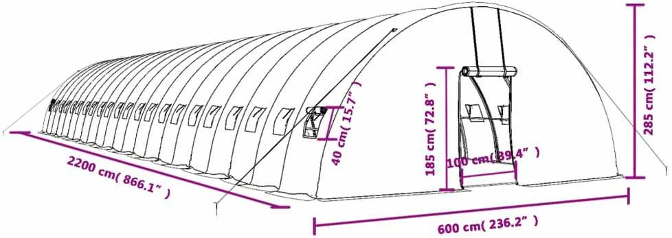 Šiltnamis su plieno rėmu, žalios spalvos, 22x6x2,85m, 132m²