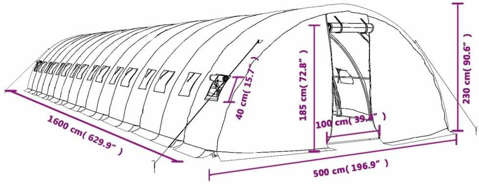 Šiltnamis su plieno rėmu, žalios spalvos, 16x5x2,3m, 80m²
