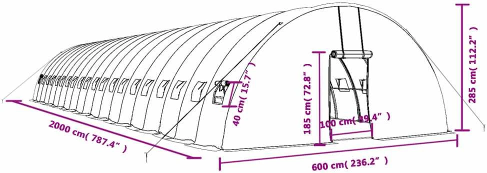 Šiltnamis su plieno rėmu, žalios spalvos, 20x6x2,85m, 120m²