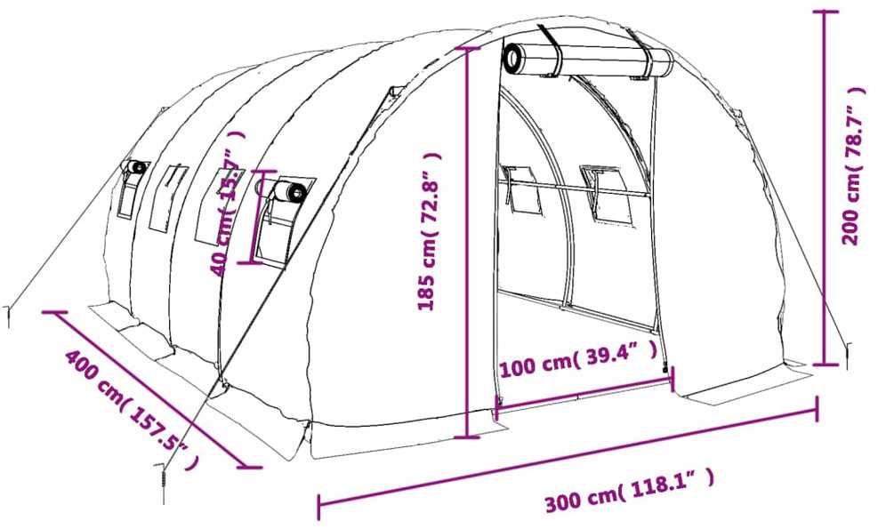 Šiltnamis su plieno rėmu, žalios spalvos, 4x3x2m, 12m²