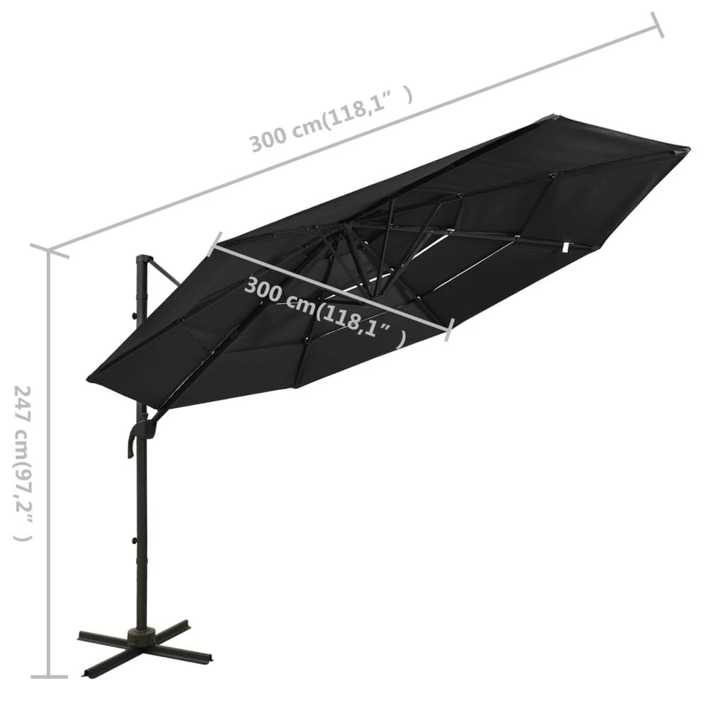 Sodo skėtis su aliuminio stulpu, juodas, 3x3m, 4 aukščių