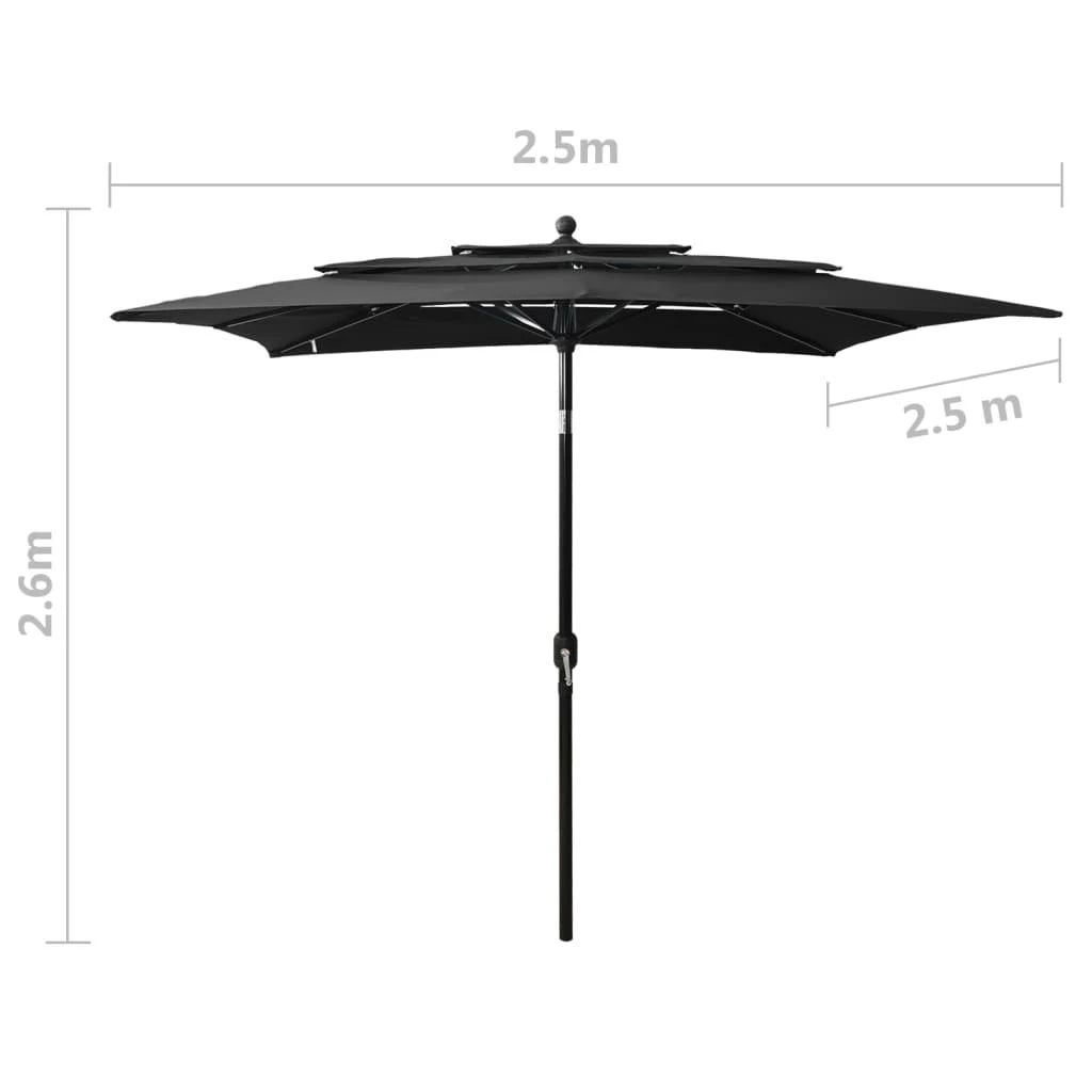 Sodo skėtis su aliuminio stulpu, juodas, 2,5x2,5m, 3 aukščių