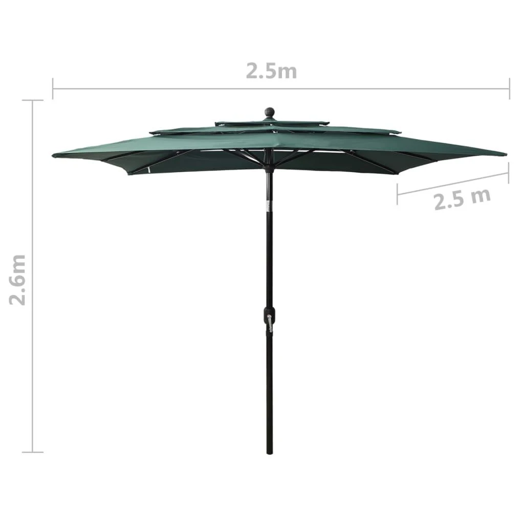 Sodo skėtis su aliuminio stulpu, žalias, 2,5x2,5m, 3 aukščių