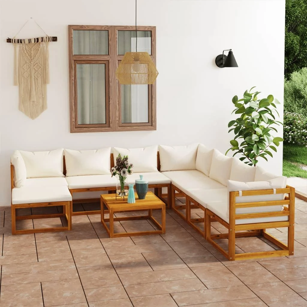 Lauko baldų komplektas Sodo baldų komplektas su pagalvėmis, 9 dalių, kreminis, akacija