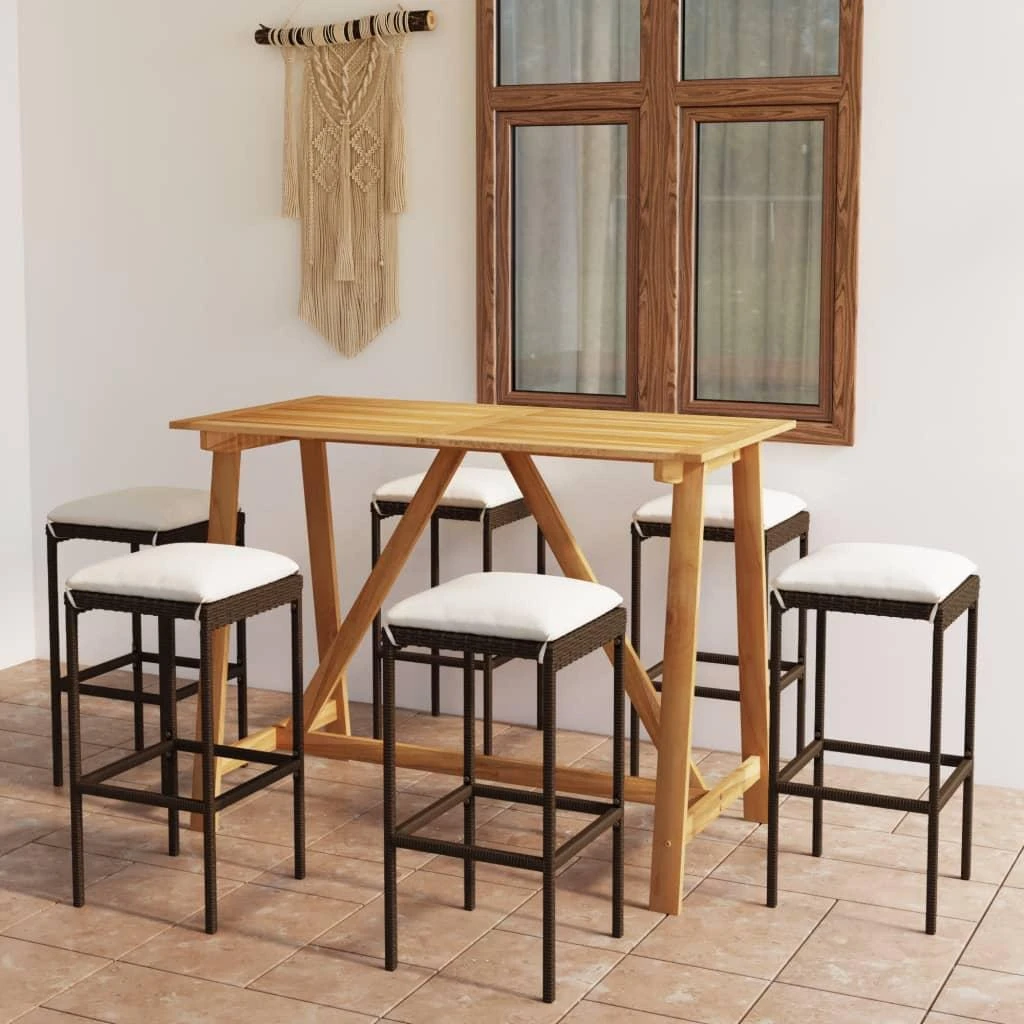 Lauko baldų komplektas Sodo baro baldų komplektas su pagalvėlėmis, 7 dalių, rudas