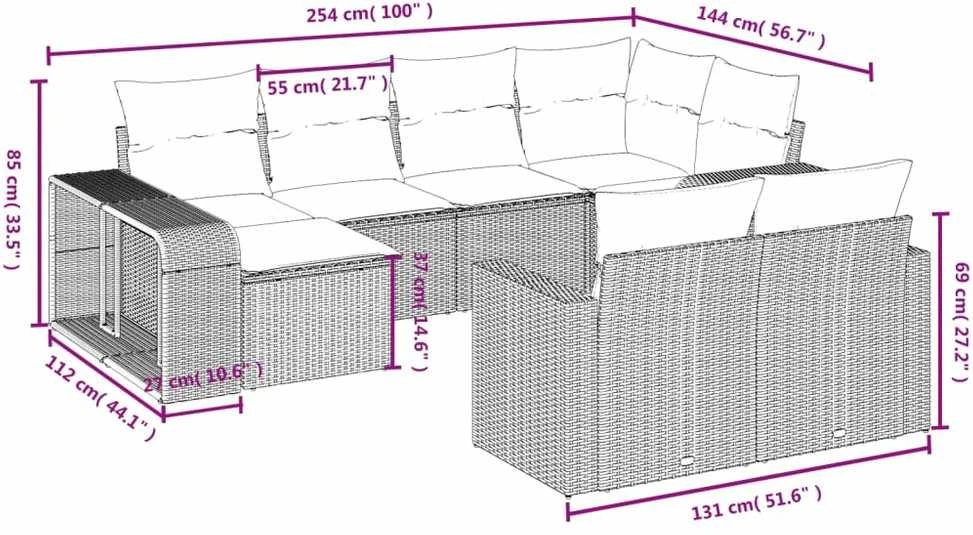 Sofa Sodo komplektas su pagalvėlėmis, 10 dalių, pilkas, poliratanas