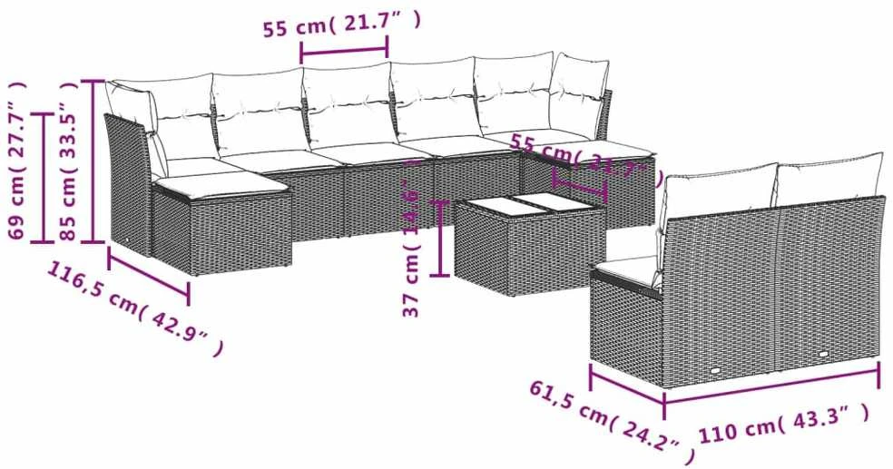 Sofa Sodo komplektas su pagalvėlėmis, 10 dalių, pilkas, poliratanas