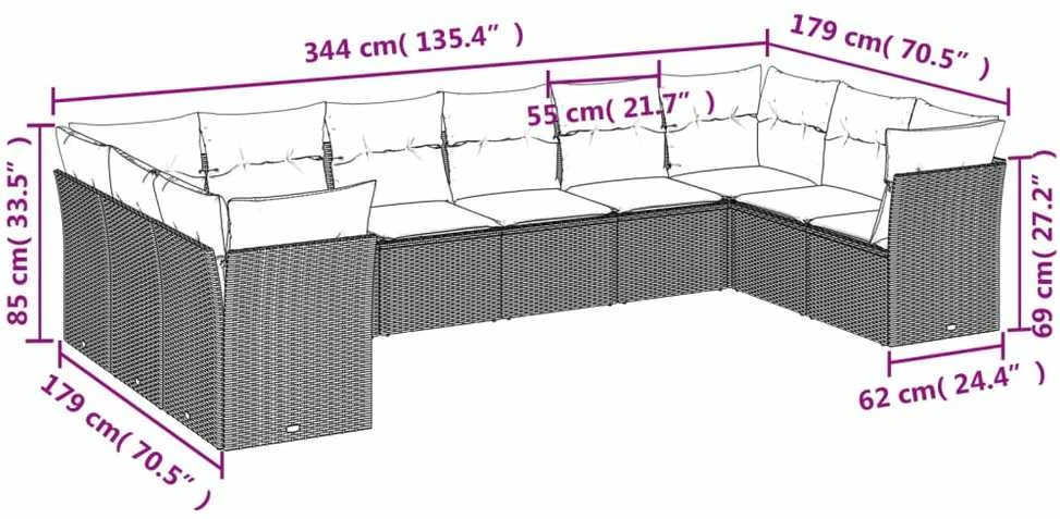 Lauko baldų komplektas Sodo komplektas su pagalvėlėmis, 10 dalių, juodas, poliratanas