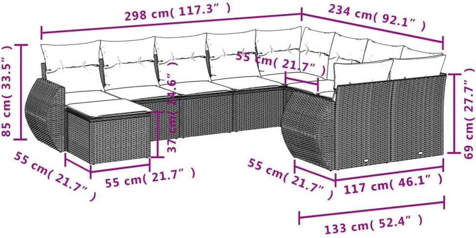 Sofa Sodo komplektas su pagalvėlėmis, 10 dalių, pilkas, poliratanas
