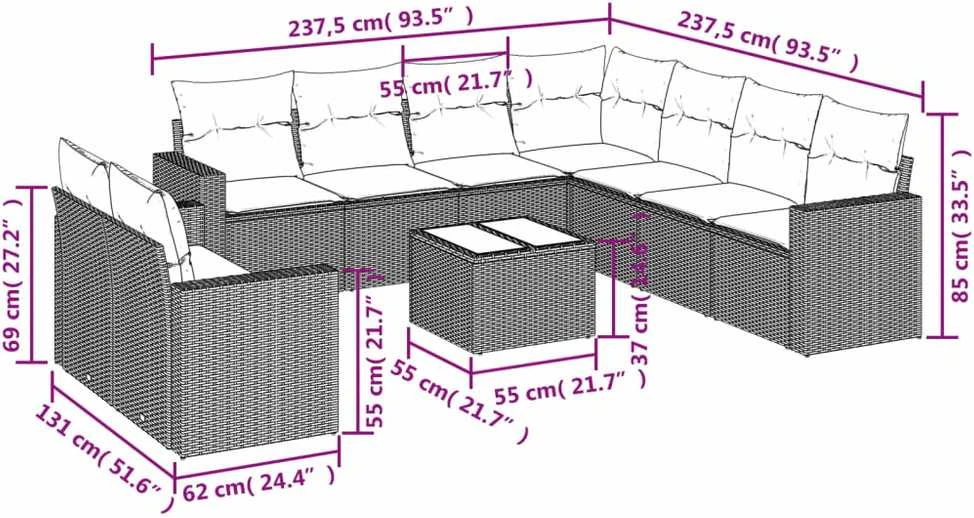 Sofa Sodo komplektas su pagalvėlėmis, 10 dalių, pilkas, poliratanas