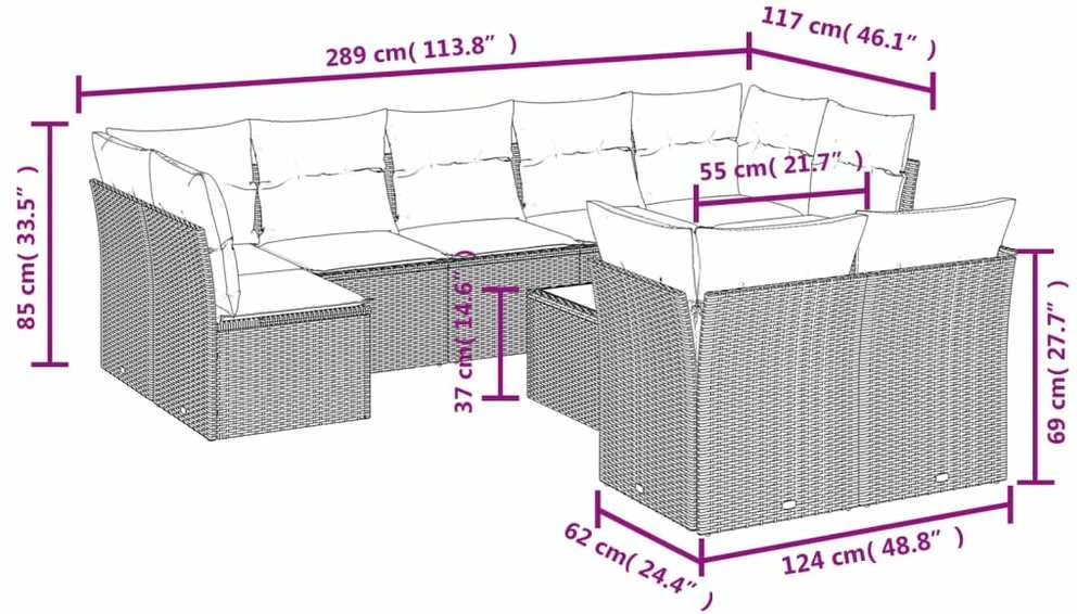 Lauko baldų komplektas Sodo komplektas su pagalvėlėmis, 10 dalių, pilkas, poliratanas