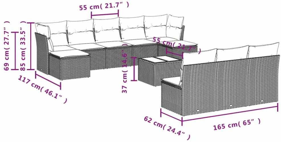 Lauko baldų komplektas Sodo komplektas su pagalvėlėmis, 11 dalių, juodas, poliratanas