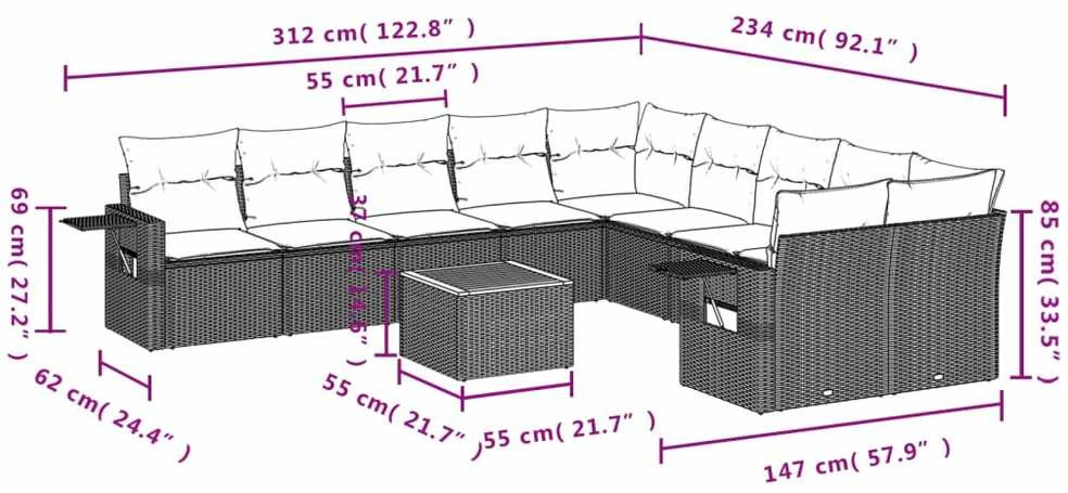 Sodo komplektas su pagalvėlėmis, 11 dalių, pilkas, poliratanas