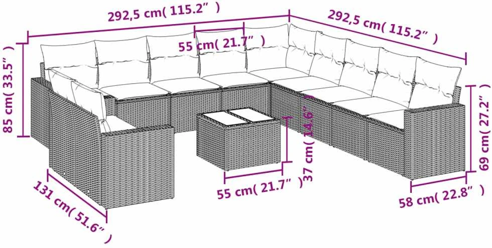 Sofa Sodo komplektas su pagalvėlėmis, 12 dalių, pilkas, poliratanas