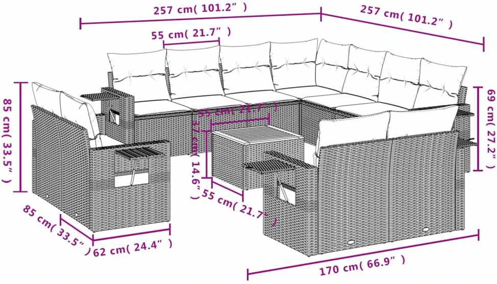 Sofa Sodo komplektas su pagalvėlėmis, 12 dalių, smėlio, poliratanas