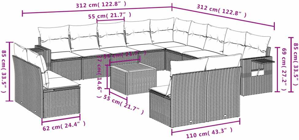 Sodo komplektas su pagalvėlėmis, 14 dalių, smėlio, poliratanas