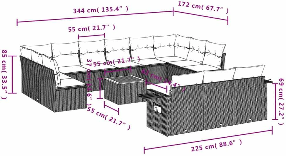 Sofa Sodo komplektas su pagalvėlėmis, 14 dalių, smėlio, poliratanas