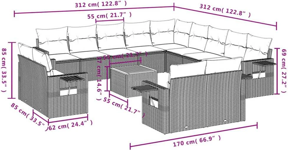 Sofa Sodo komplektas su pagalvėlėmis, 14 dalių, smėlio, poliratanas