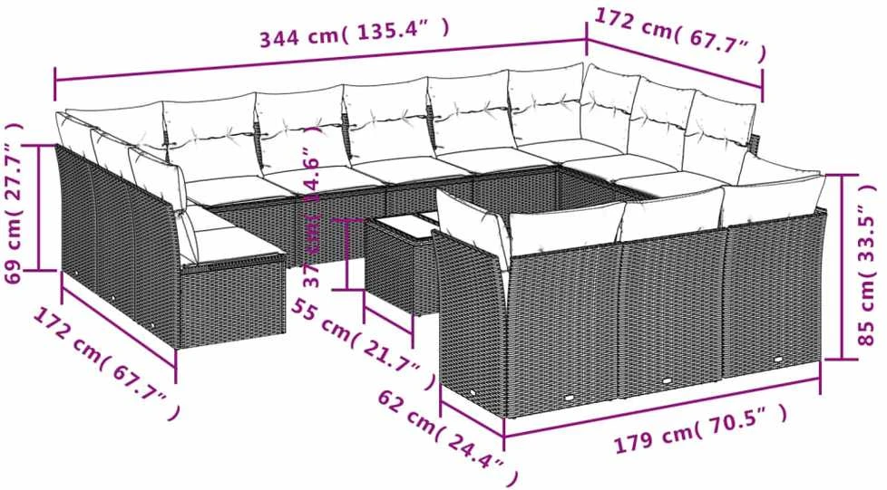 Sofa Sodo komplektas su pagalvėlėmis, 14 dalių, pilkas, poliratanas