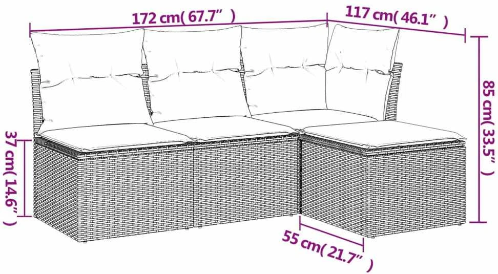 Lauko baldų komplektas Sodo komplektas su pagalvėlėmis, 4 dalių, juodas, poliratanas