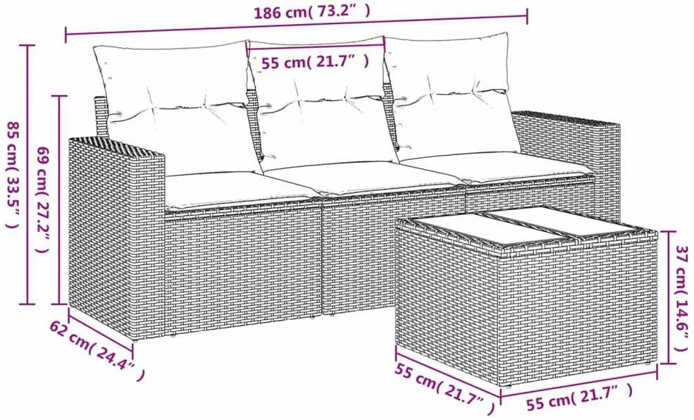 Sofa Sodo komplektas su pagalvėlėmis, 4 dalių, pilkas, poliratanas