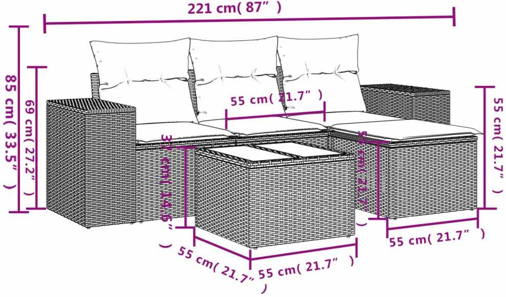 Sofa Sodo komplektas su pagalvėlėmis, 5 dalių, juodas, poliratanas