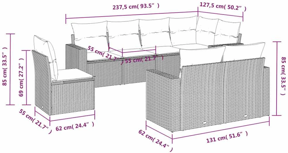 Sodo komplektas su pagalvėlėmis, 8 dalių, rudas, poliratanas