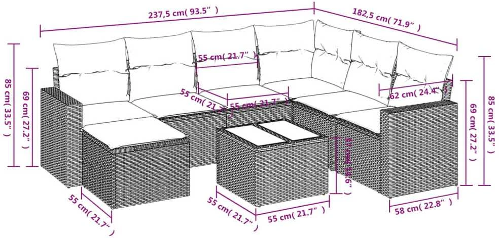 Sofa Sodo komplektas su pagalvėlėmis, 8 dalių, pilkas, poliratanas