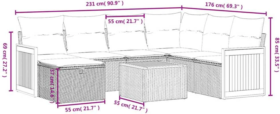 Lauko baldų komplektas Sodo komplektas su pagalvėlėmis, 8 dalių, pilkas, poliratanas