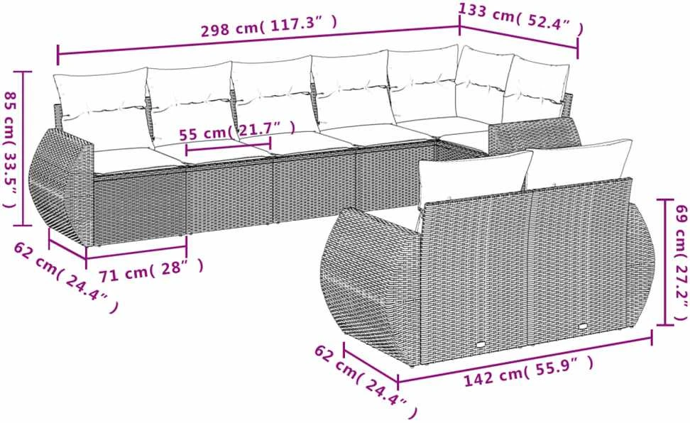 Sofa Sodo komplektas su pagalvėlėmis, 8 dalių, pilkas, poliratanas