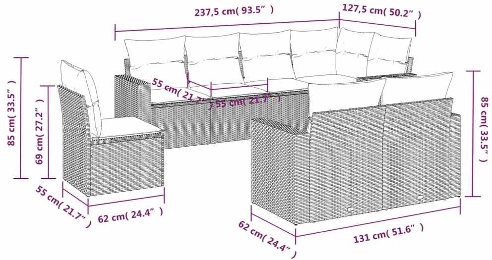 Sofa Sodo komplektas su pagalvėlėmis, 8 dalių, pilkas, poliratanas