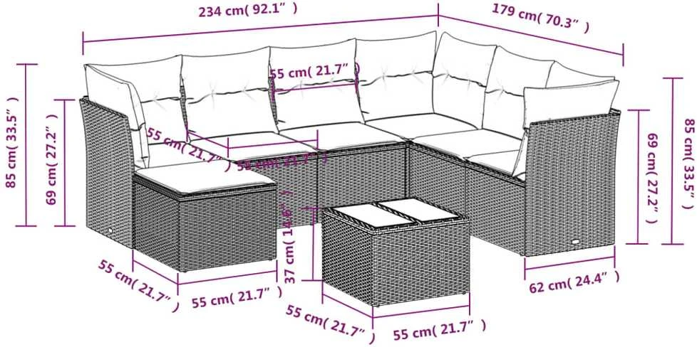 Lauko baldų komplektas Sodo komplektas su pagalvėlėmis, 8 dalių, pilkas, poliratanas