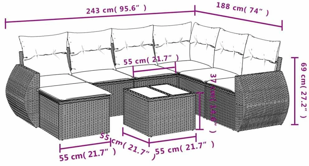 Sodo komplektas su pagalvėlėmis, 8 dalių, pilkas, poliratanas