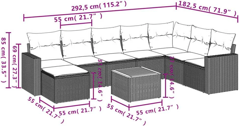 Sofa Sodo komplektas su pagalvėlėmis, 9 dalių, smėlio, poliratanas