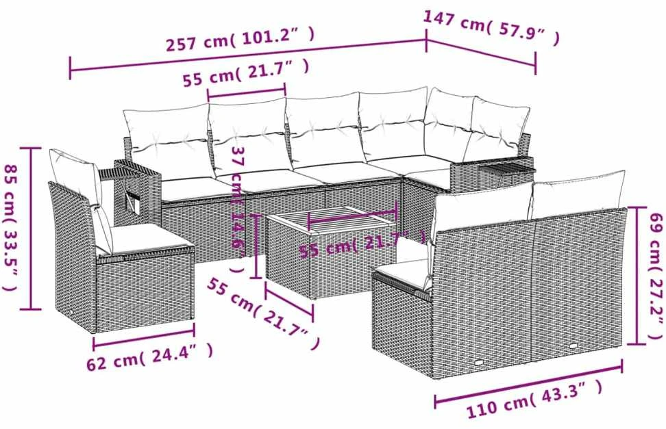 Sofa Sodo komplektas su pagalvėlėmis, 9 dalių, smėlio, poliratanas