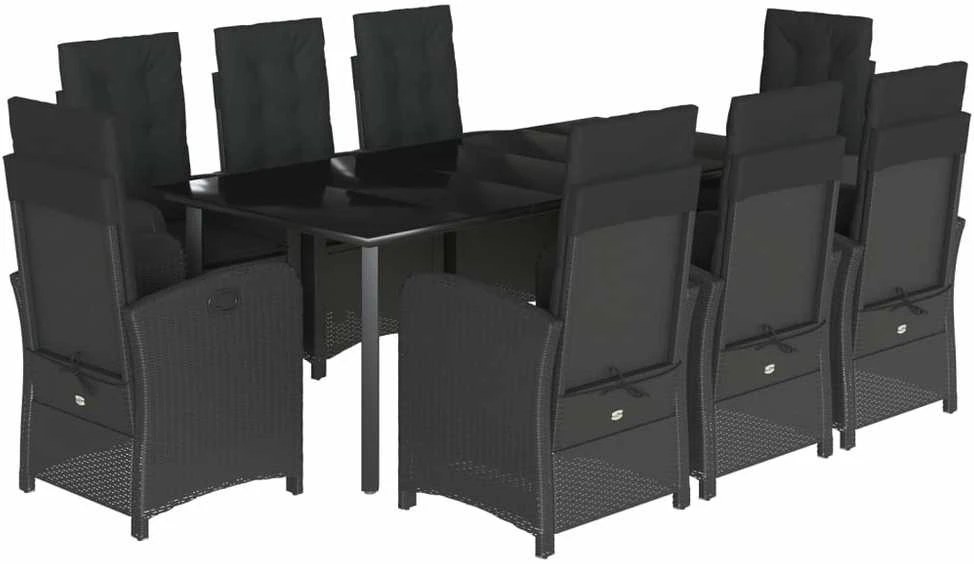 Lauko baldų komplektas Sodo komplektas su pagalvėlėmis, 9 dalių, juodas, poliratanas