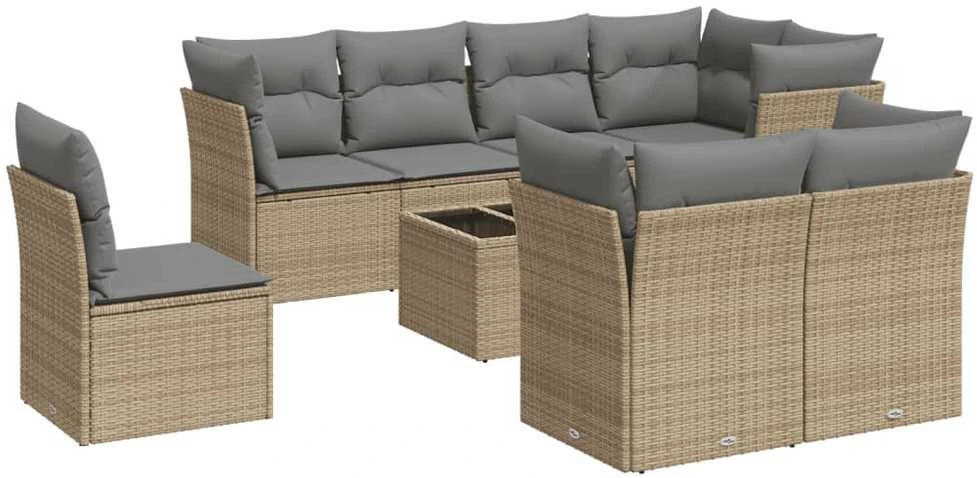 Sofa Sodo komplektas su pagalvėlėmis, 9 dalių, smėlio, poliratanas