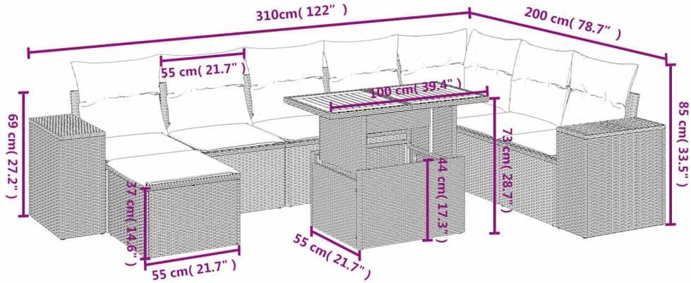 Sofa Sodo komplektas su pagalvėlėmis, 9 dalių, smėlio, poliratanas