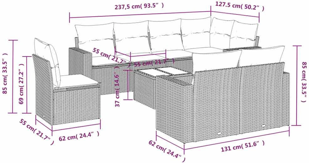 Lauko baldų komplektas Sodo komplektas su pagalvėlėmis, 9 dalių, juodas, poliratanas