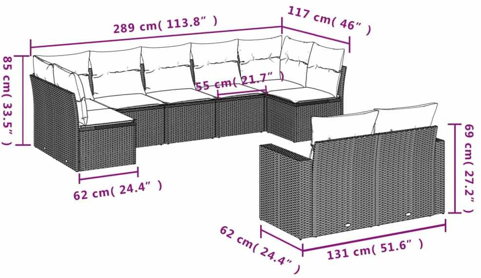 Sofa Sodo komplektas su pagalvėlėmis, 9 dalių, smėlio, poliratanas