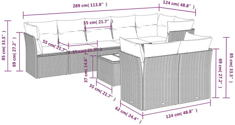 Sofa Sodo komplektas su pagalvėlėmis, 9 dalių, smėlio, poliratanas