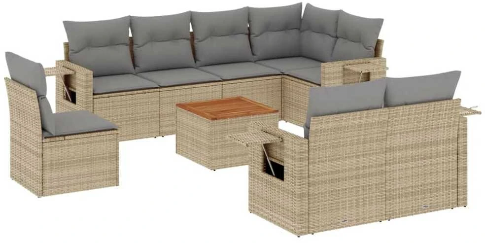 Sofa Sodo komplektas su pagalvėlėmis, 9 dalių, smėlio, poliratanas
