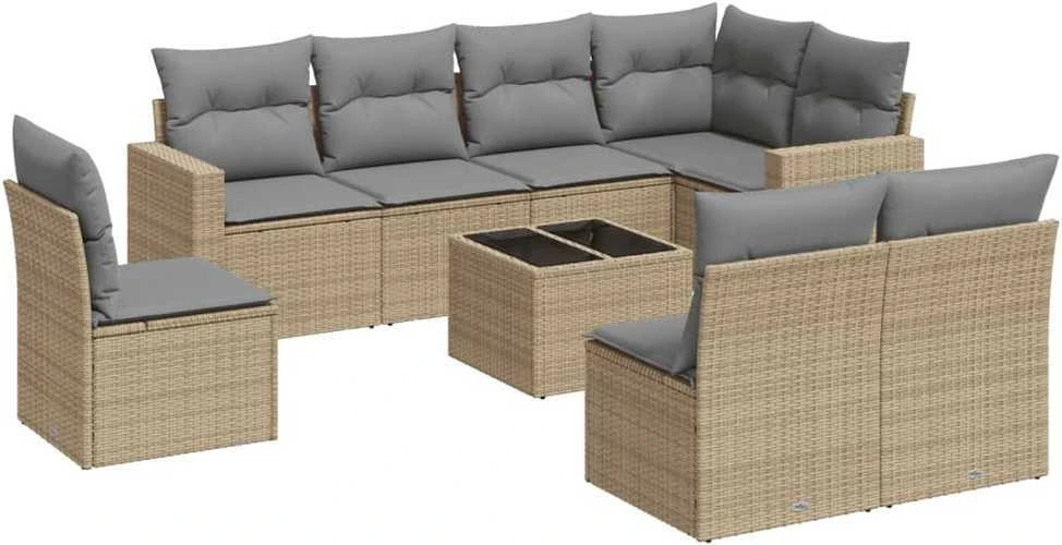 Sofa Sodo komplektas su pagalvėlėmis, 9 dalių, smėlio, poliratanas