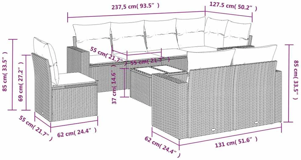 Sofa Sodo komplektas su pagalvėlėmis, 9 dalių, smėlio, poliratanas