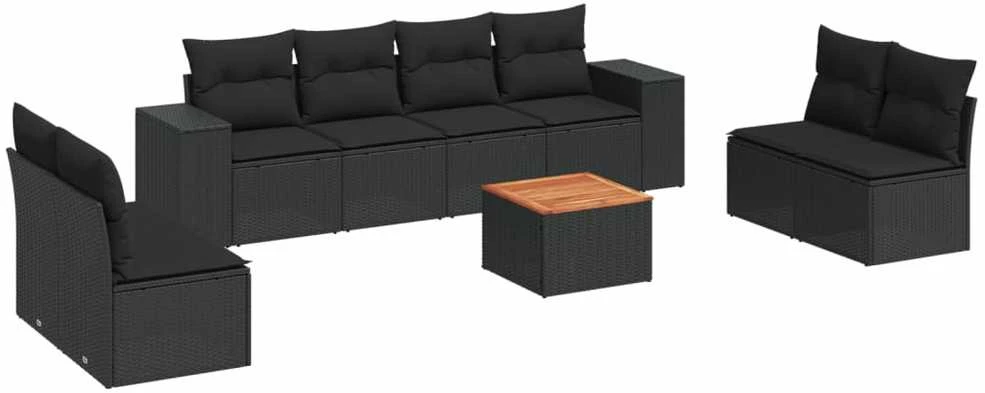 Sofa Sodo komplektas su pagalvėlėmis, 9 dalių, juodas, poliratanas
