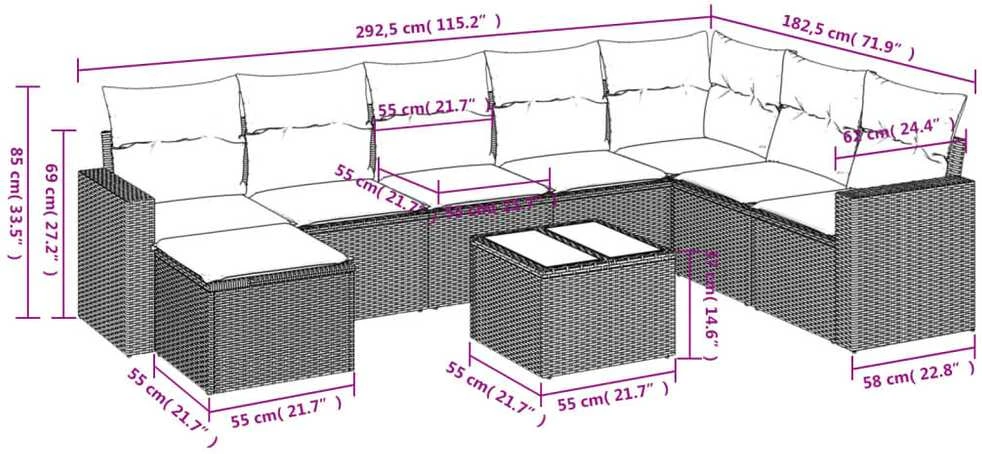 Sofa Sodo komplektas su pagalvėlėmis, 9 dalių, smėlio, poliratanas