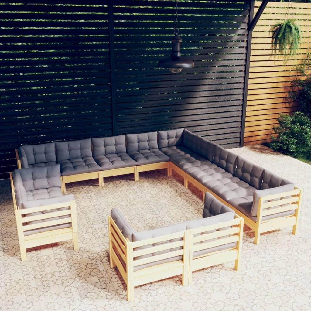 Lauko baldų komplektas Sodo komplektas su pilkomis pagalvėmis, 13 dalių, pušis