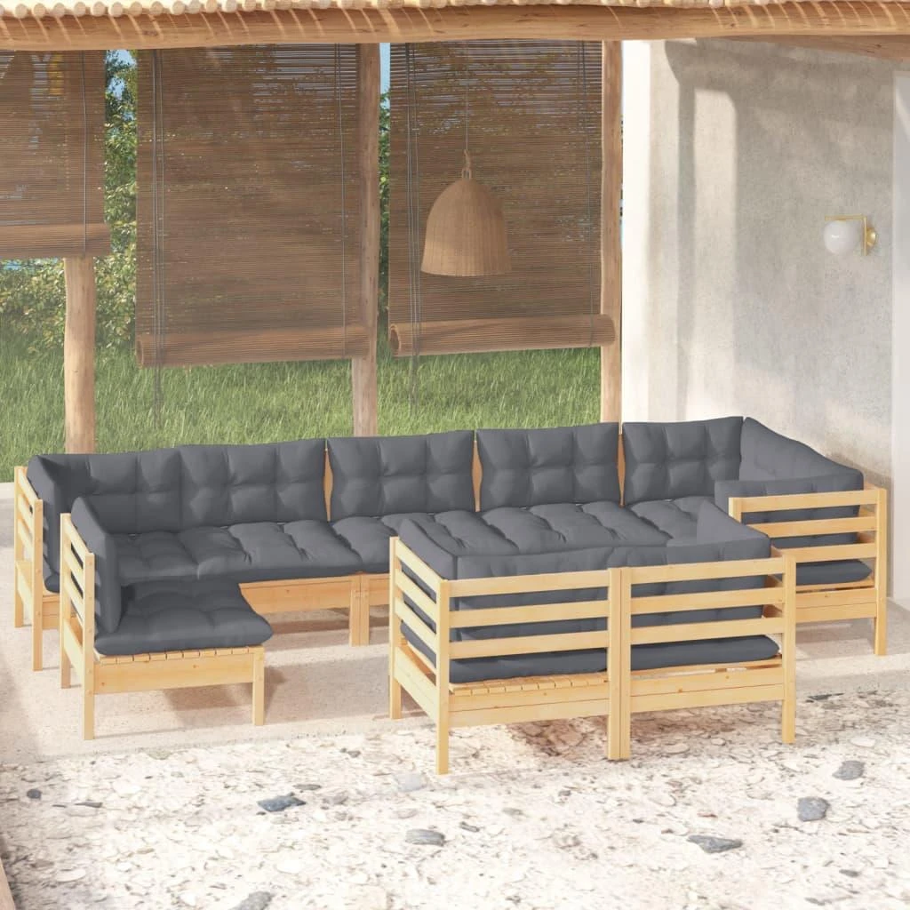 Lauko baldų komplektas Sodo komplektas su pilkomis pagalvėmis, 9 dalių, pušis