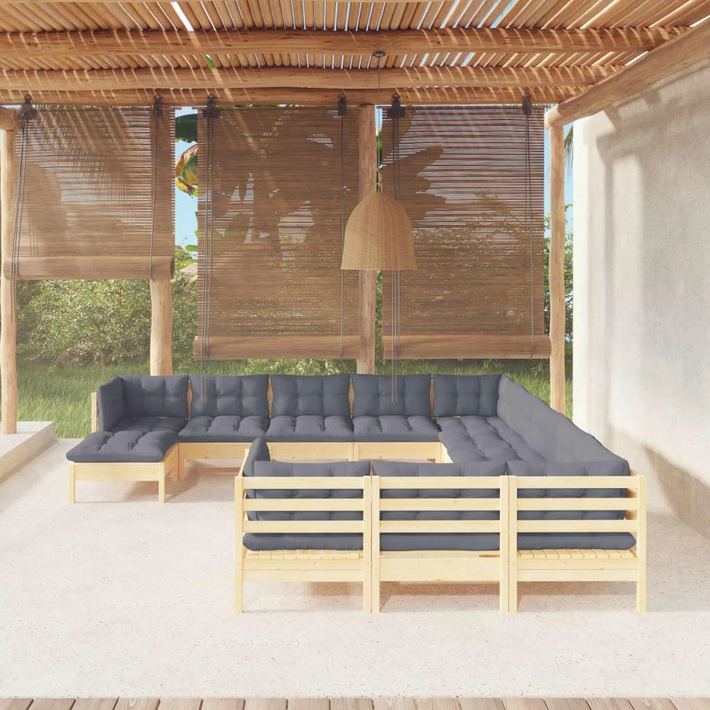 Lauko baldų komplektas Sodo komplektas su pilkomis pagalvėmis, 12 dalių, pušis