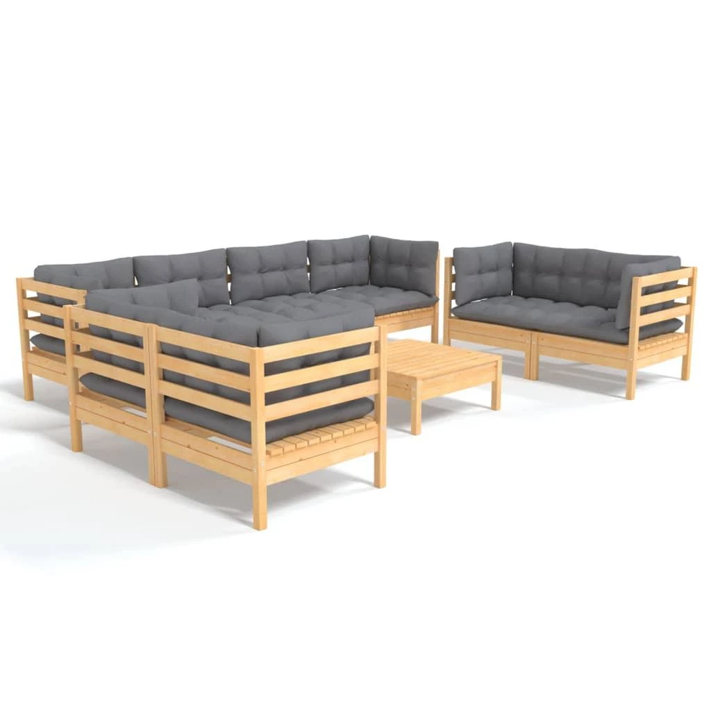 Lauko baldų komplektas Sodo komplektas su pilkomis pagalvėmis, 9 dalių, pušis
